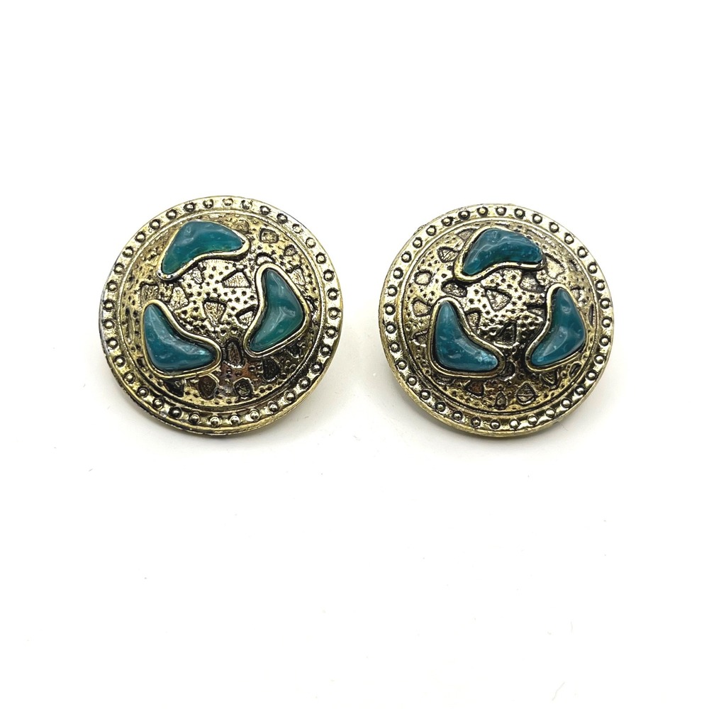 Vintage Gold Tone Teal Stone Round Button‎ Statement Stud Earrings 1.25 Inch